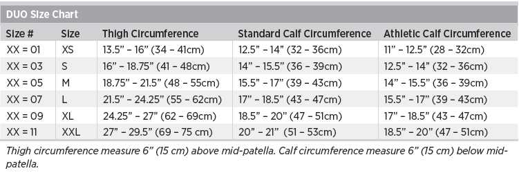 Breg DUO sizing chart