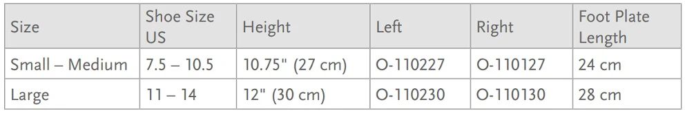 Ossur AFO Leaf Spring sizing