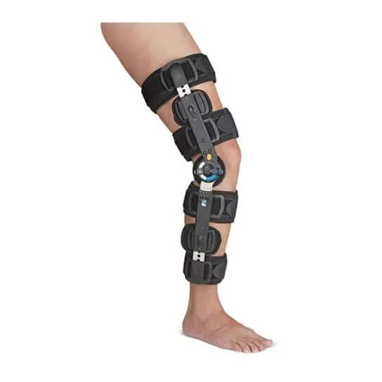A) A custom-made hinged knee brace with flexion support (KBF). (B)
