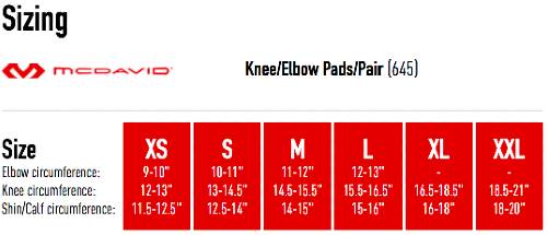 McDavid Standard Knee/Elbow Pad sizing